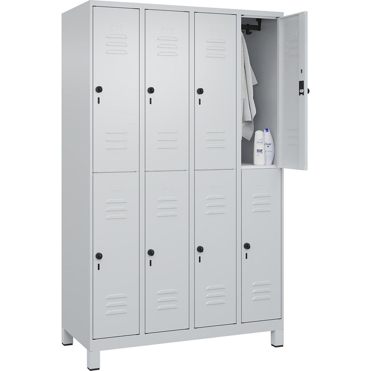 Classic PLUS double deck clothes locker, 4 compartments, light grey, HxW 1950 x 1200 mm, with feet, rotary bolt.
