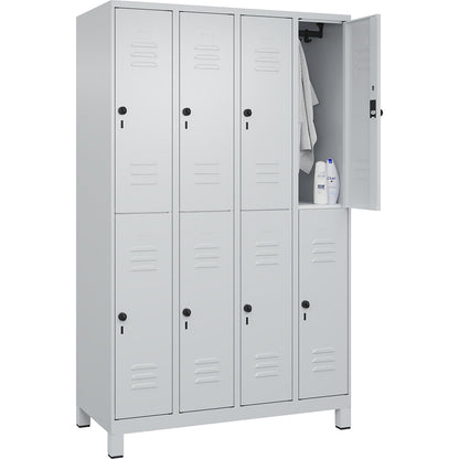 Classic PLUS double deck clothes locker, 4 compartments, light grey, HxW 1950 x 1200 mm, with feet, rotary bolt.