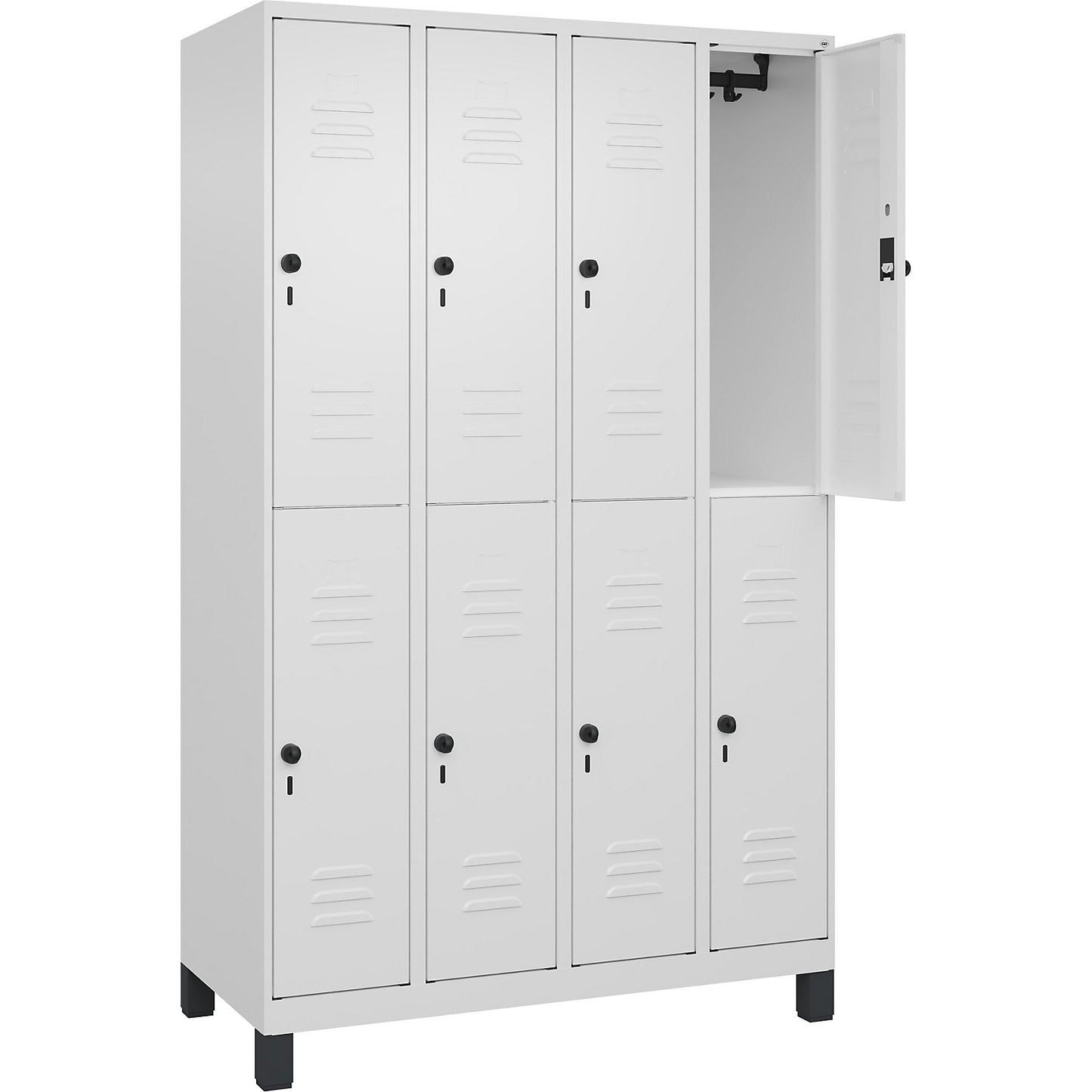 Classic PLUS double deck clothes locker, 4 compartments, traffic white, HxW 1950 x 1200 mm, with feet, rotary bolt.