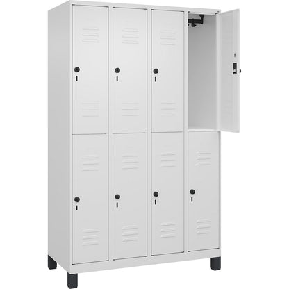 Classic PLUS double deck clothes locker, 4 compartments, traffic white, HxW 1950 x 1200 mm, with feet, rotary bolt.