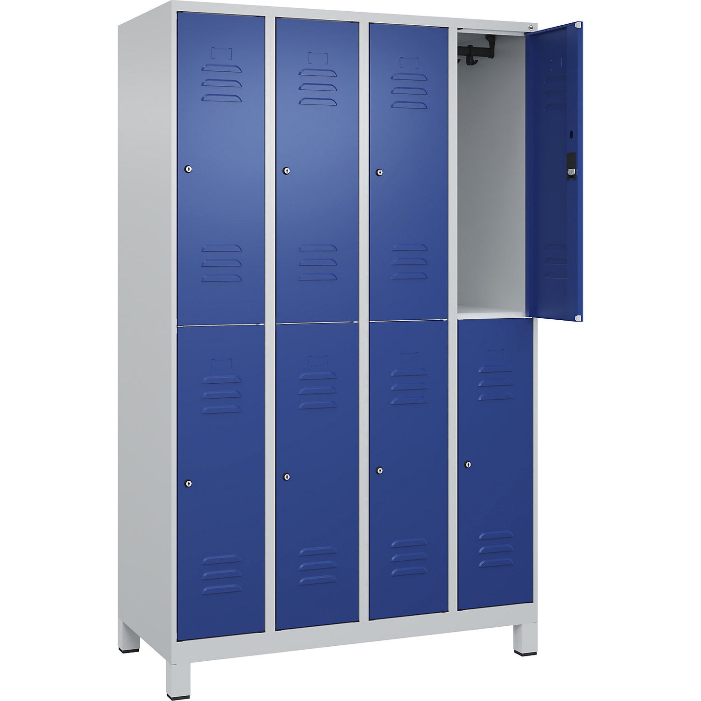 Classic PLUS double deck clothes locker, 4 compartments, light grey/gentian blue, HxW 1950 x 1200 mm, with feet, cylinder lock.