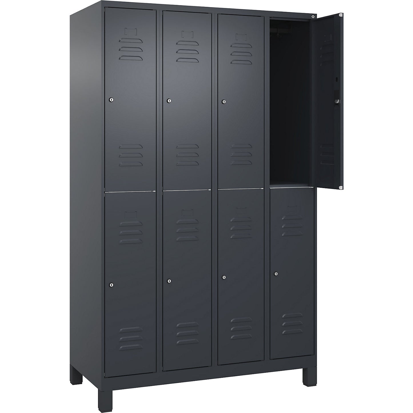 Classic PLUS double deck clothes locker, 4 compartments, grey, HxW 1950 x 1200 mm, with feet, cylinder lock.