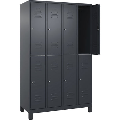 Classic PLUS double deck clothes locker, 4 compartments, grey, HxW 1950 x 1200 mm, with feet, cylinder lock.