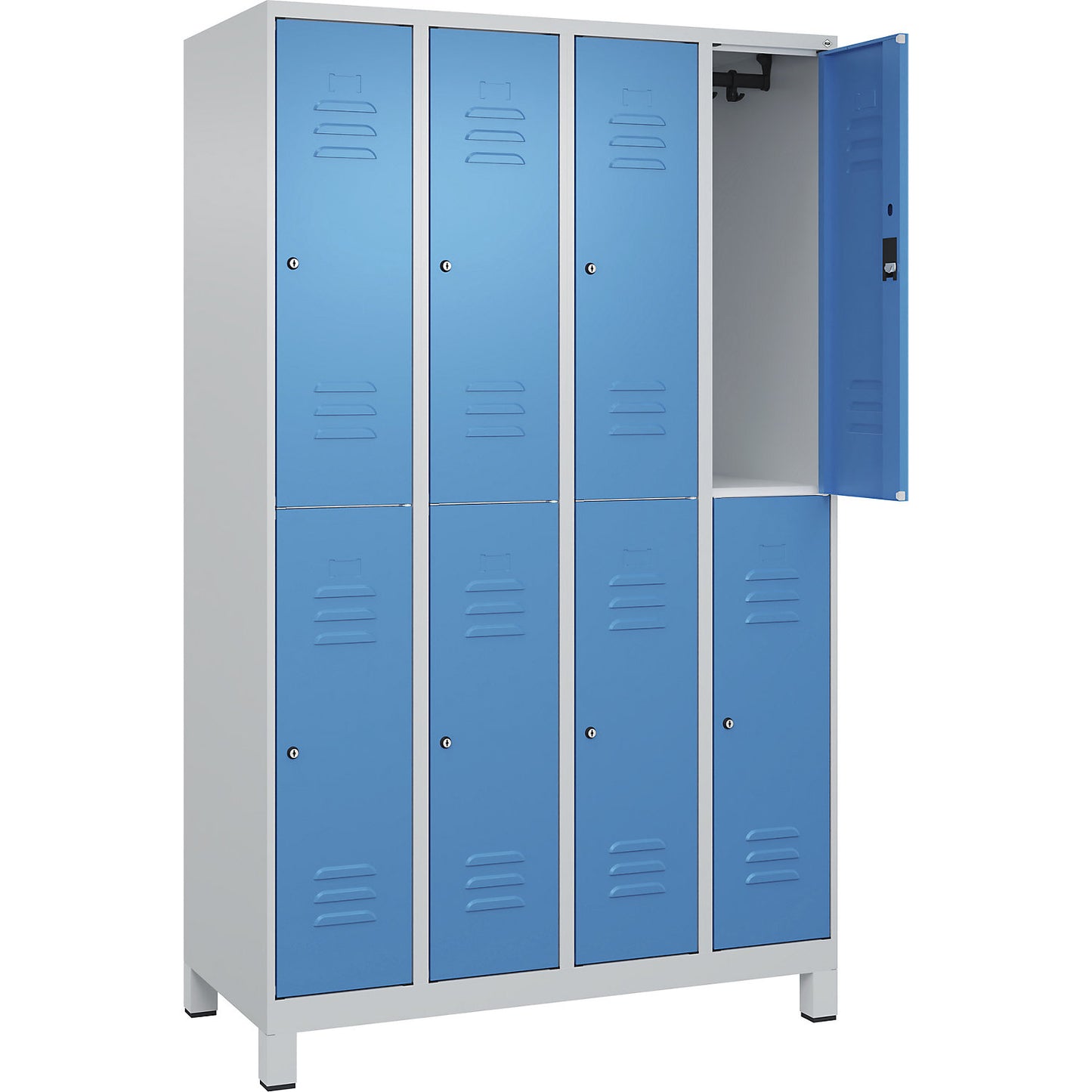 Classic PLUS double deck clothes locker, 4 compartments, light grey/light blue, HxW 1950 x 1200 mm, with feet, cylinder lock.