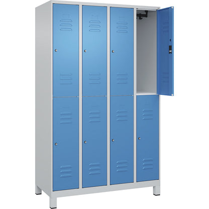 Classic PLUS double deck clothes locker, 4 compartments, light grey/light blue, HxW 1950 x 1200 mm, with feet, cylinder lock.