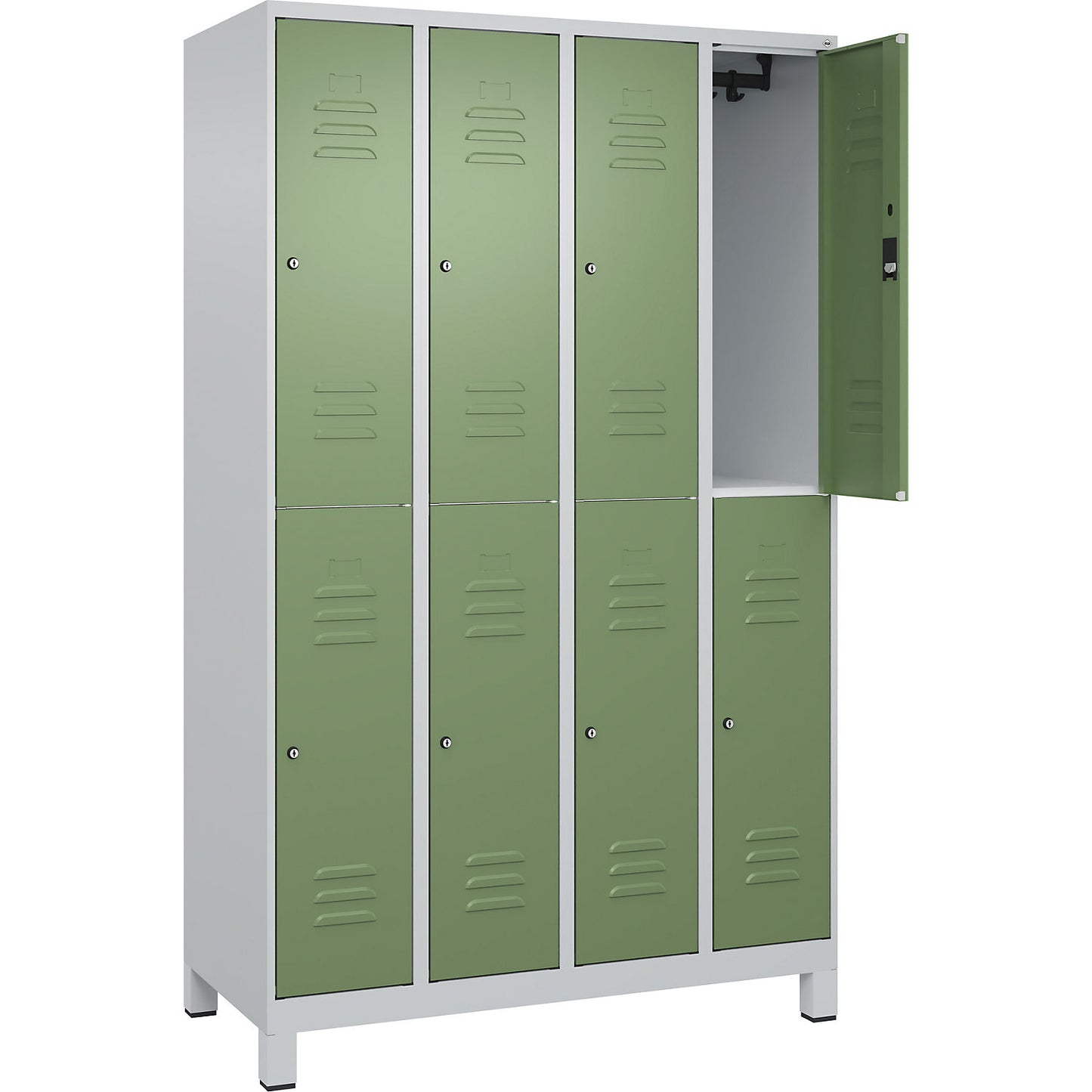 Classic PLUS double deck clothes locker, 4 compartments, light grey/reseda green, HxW 1950 x 1200 mm, with feet, cylinder lock.