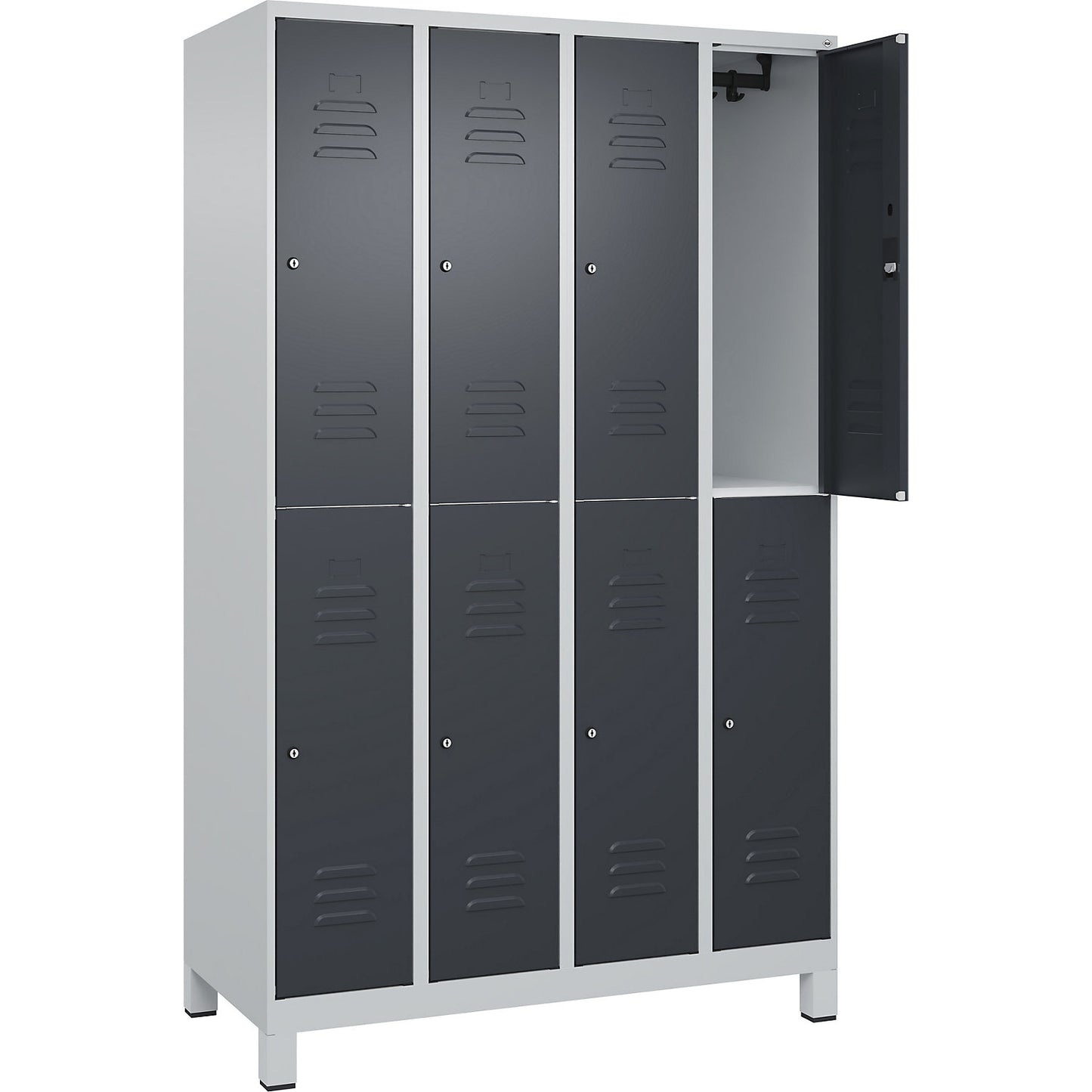 Classic PLUS double deck clothes locker, 4 compartments, light grey/grey, HxW 1950 x 1200 mm, with feet, cylinder lock.