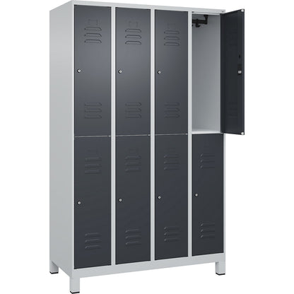 Classic PLUS double deck clothes locker, 4 compartments, light grey/grey, HxW 1950 x 1200 mm, with feet, cylinder lock.