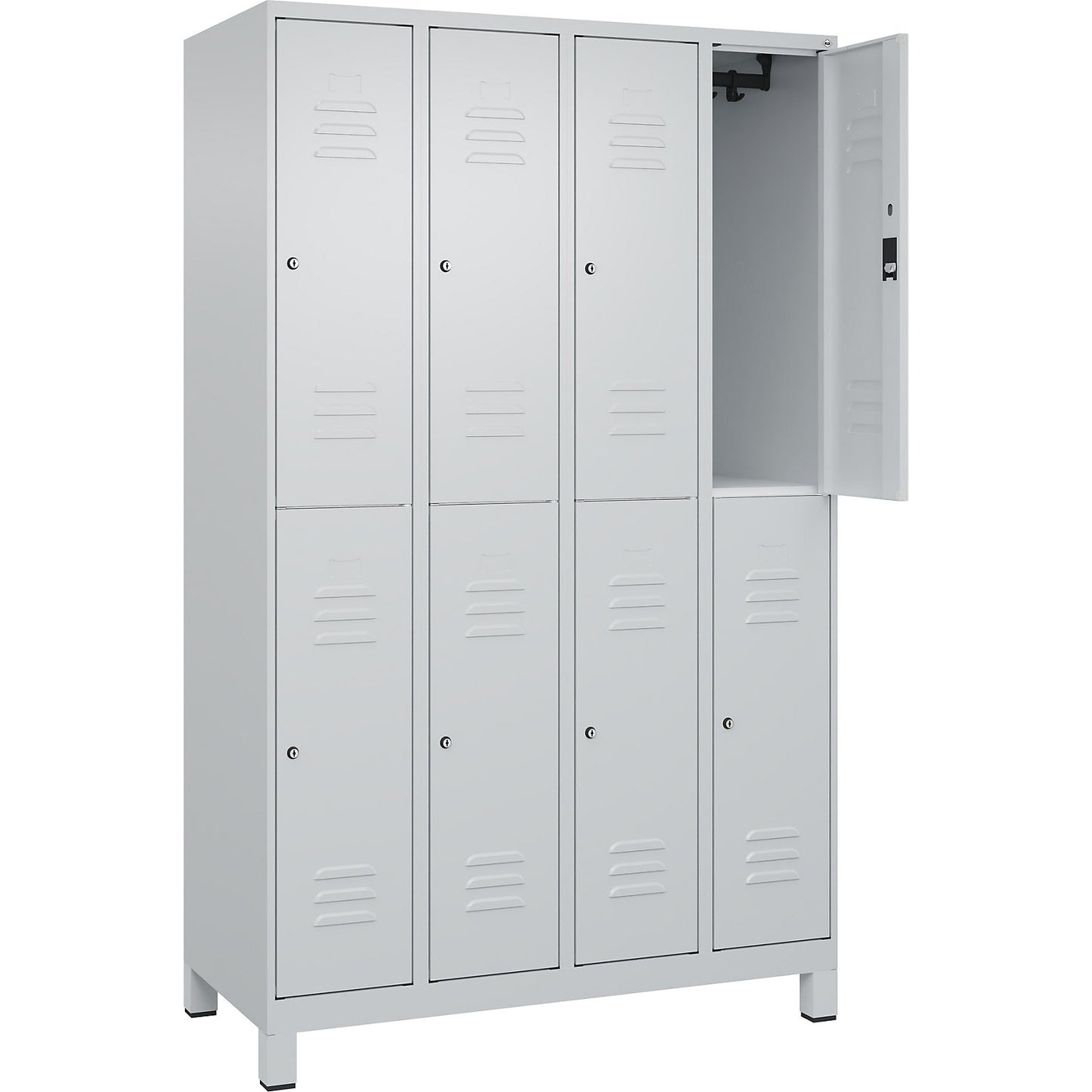 Classic PLUS double deck clothes locker, 4 compartments, light grey, HxW 1950 x 1200 mm, with feet, cylinder lock.