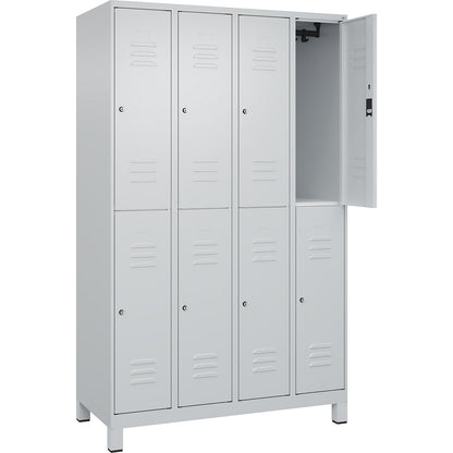 Classic PLUS double deck clothes locker, 4 compartments, light grey, HxW 1950 x 1200 mm, with feet, cylinder lock.