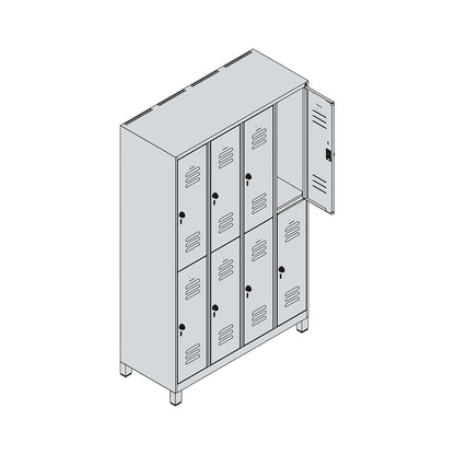 Classic PLUS double deck clothes locker, 4 compartments, traffic white, HxW 1950 x 1200 mm, with feet, rotary bolt.
