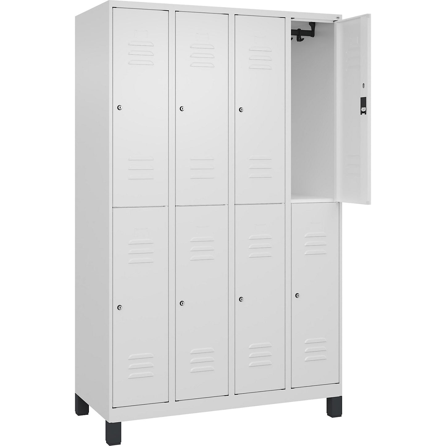 Classic PLUS double deck clothes locker, 4 compartments, traffic white, HxW 1950 x 1200 mm, with feet, cylinder lock.