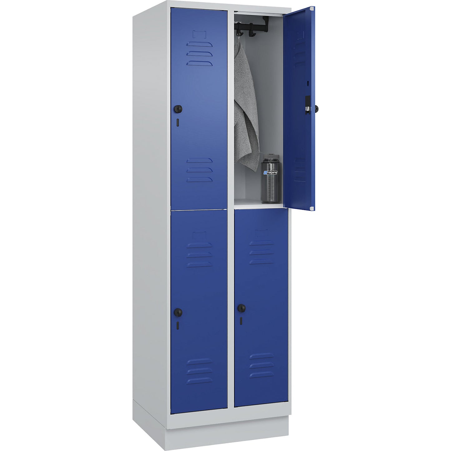 Classic PLUS double deck clothes locker, 2 compartments, light grey/gentian blue, HxW 1950 x 600 mm, with base plinth, rotary bolt.