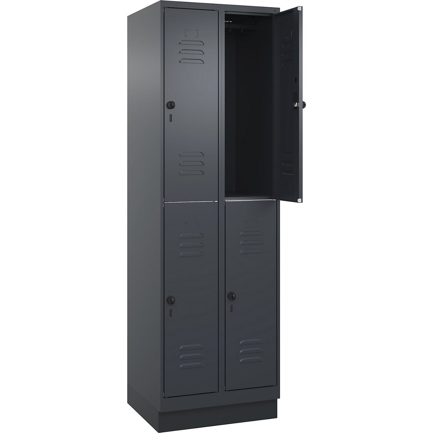 Classic PLUS double deck clothes locker, 2 compartments, grey, HxW 1950 x 600 mm, with base plinth, rotary bolt.