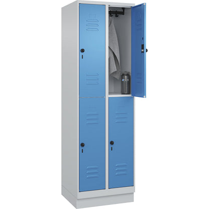 Classic PLUS double deck clothes locker, 2 compartments, light grey/light blue, HxW 1950 x 600 mm, with base plinth, rotary bolt.