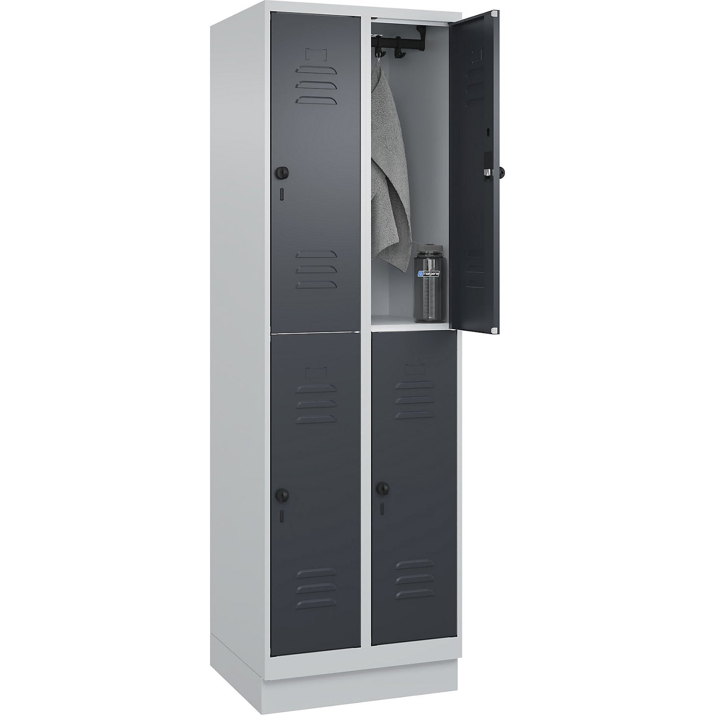 Classic PLUS double deck clothes locker, 2 compartments, light grey/grey, HxW 1950 x 600 mm, with base plinth, rotary bolt.