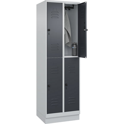 Classic PLUS double deck clothes locker, 2 compartments, light grey/grey, HxW 1950 x 600 mm, with base plinth, rotary bolt.