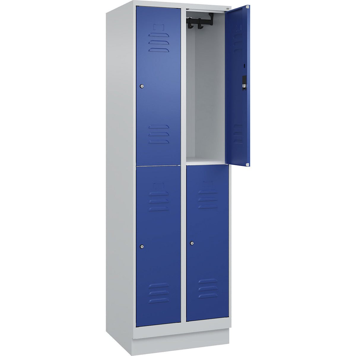Classic PLUS double deck clothes locker, 2 compartments, light grey/gentian blue, HxW 1950 x 600 mm, with base plinth, cylinder lock.