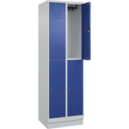 Classic PLUS double deck clothes locker, 2 compartments, light grey/gentian blue, HxW 1950 x 600 mm, with base plinth, cylinder lock.