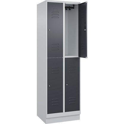 Classic PLUS double deck clothes locker, 2 compartments, light grey/grey, HxW 1950 x 600 mm, with base plinth, cylinder lock.