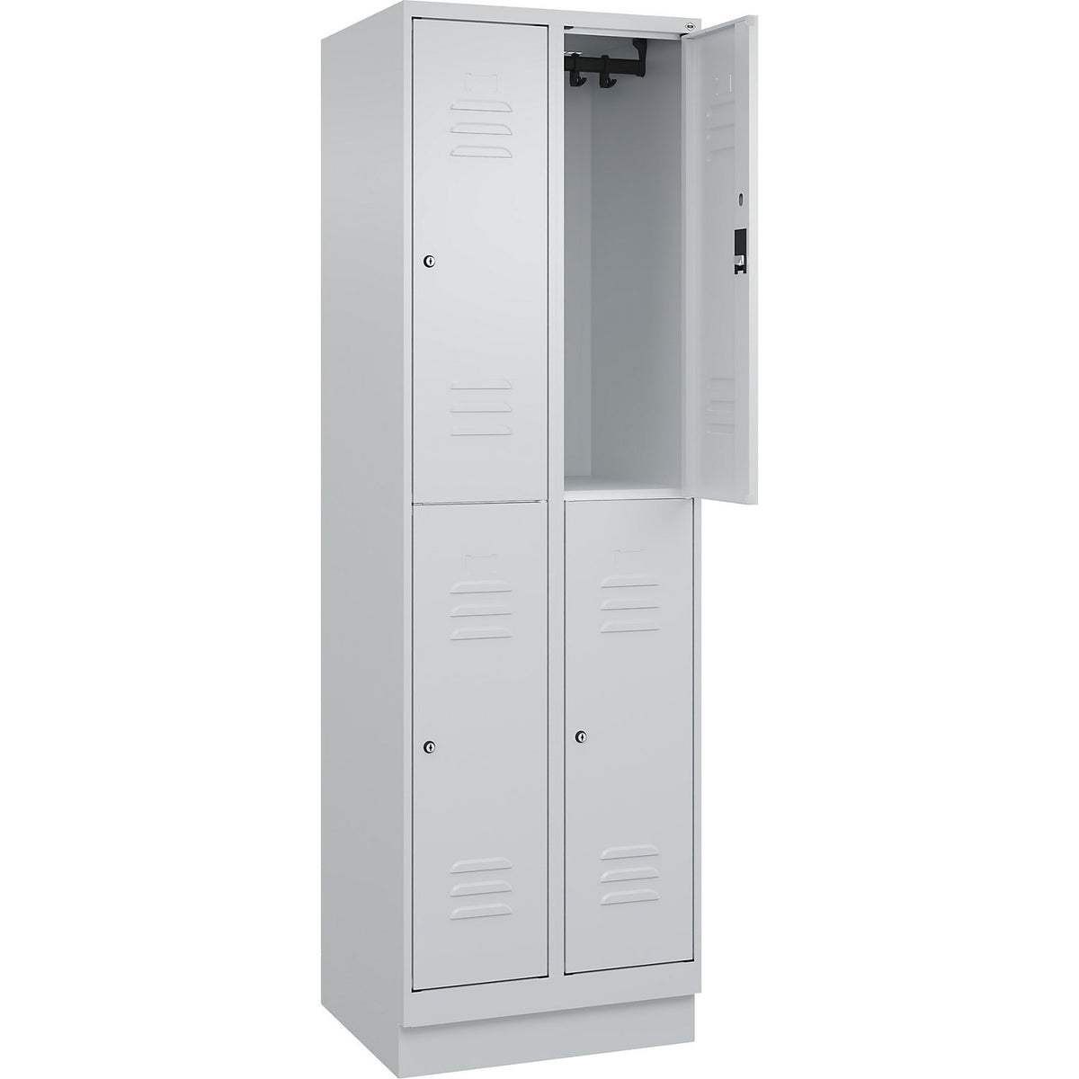 Classic PLUS double deck clothes locker, 2 compartments, light grey, HxW 1950 x 600 mm, with base plinth, cylinder lock.