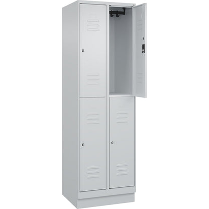 Classic PLUS double deck clothes locker, 2 compartments, light grey, HxW 1950 x 600 mm, with base plinth, cylinder lock.
