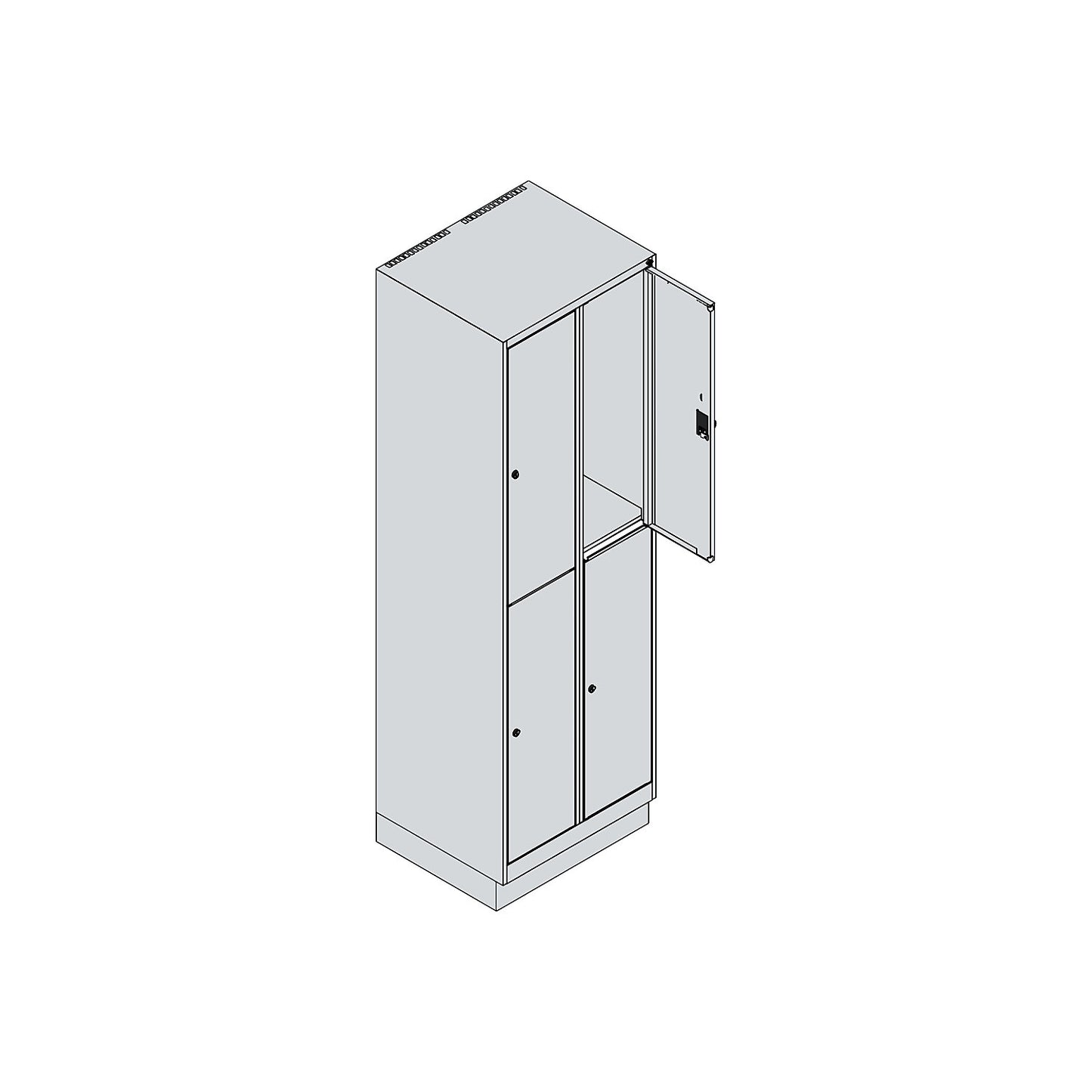 Classic PLUS double deck clothes locker, 2 compartments, grey, HxW 1950 x 600 mm, with base plinth, rotary bolt.