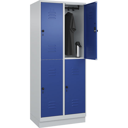 Classic PLUS double deck clothes locker, 2 compartments, light grey/gentian blue, HxW 1950 x 800 mm, with base plinth, rotary bolt.