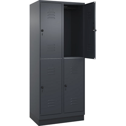 Classic PLUS double deck clothes locker, 2 compartments, grey, HxW 1950 x 800 mm, with base plinth, rotary bolt.