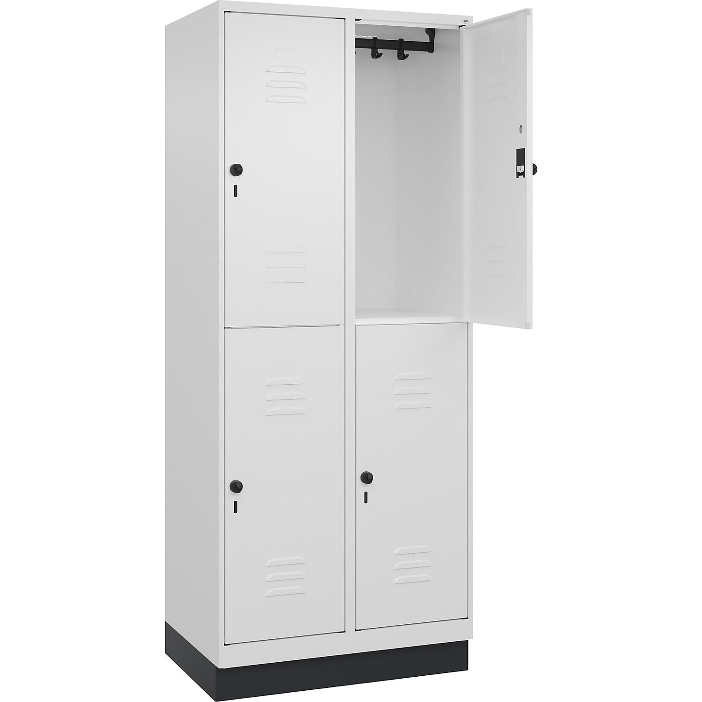 Classic PLUS double deck clothes locker, 2 compartments, traffic white, HxW 1950 x 800 mm, with base plinth, rotary bolt.