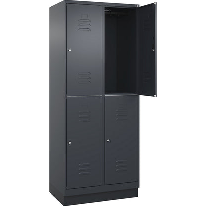 Classic PLUS double deck clothes locker, 2 compartments, grey, HxW 1950 x 800 mm, with base plinth, cylinder lock.