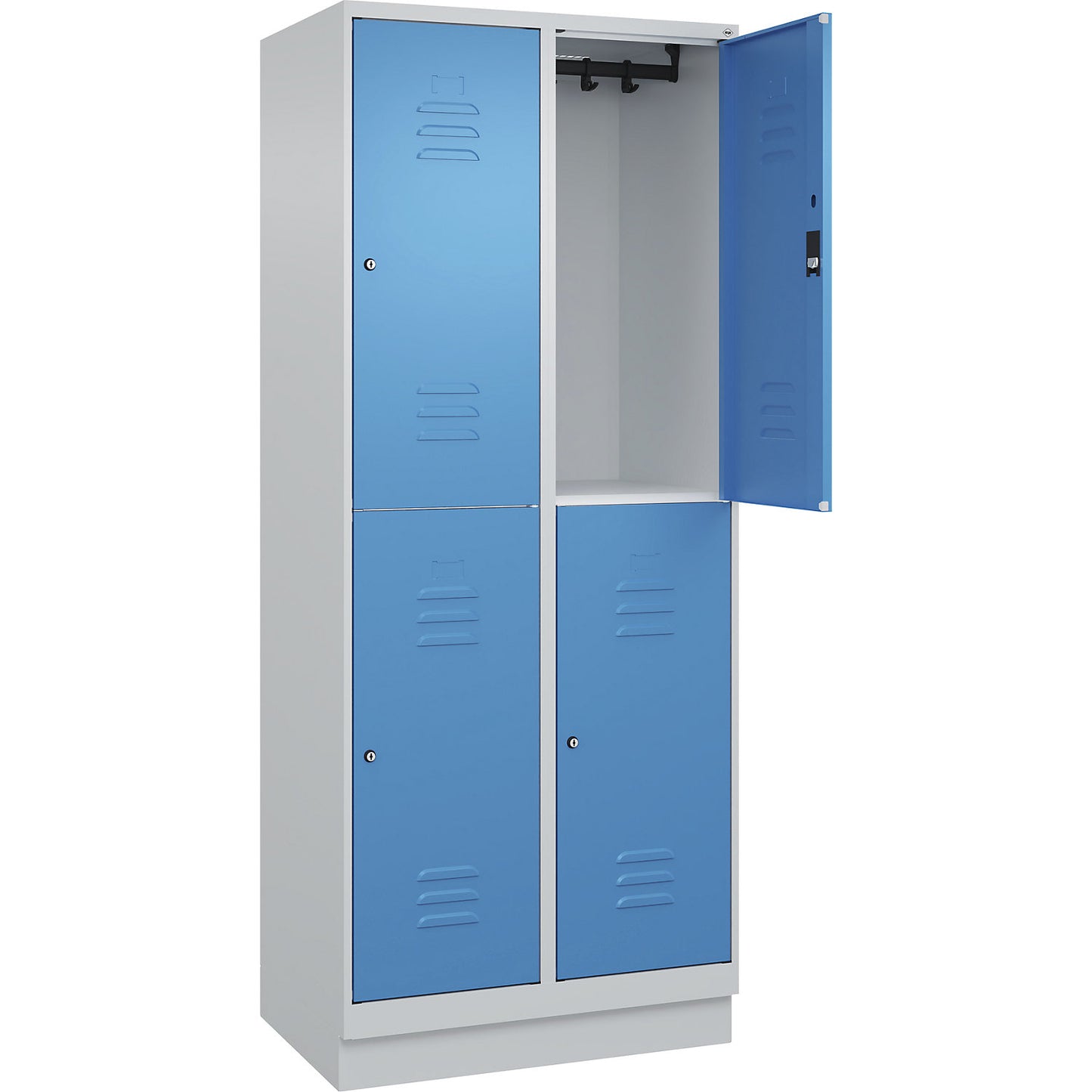 Classic PLUS double deck clothes locker, 2 compartments, light grey/light blue, HxW 1950 x 800 mm, with base plinth, cylinder lock.