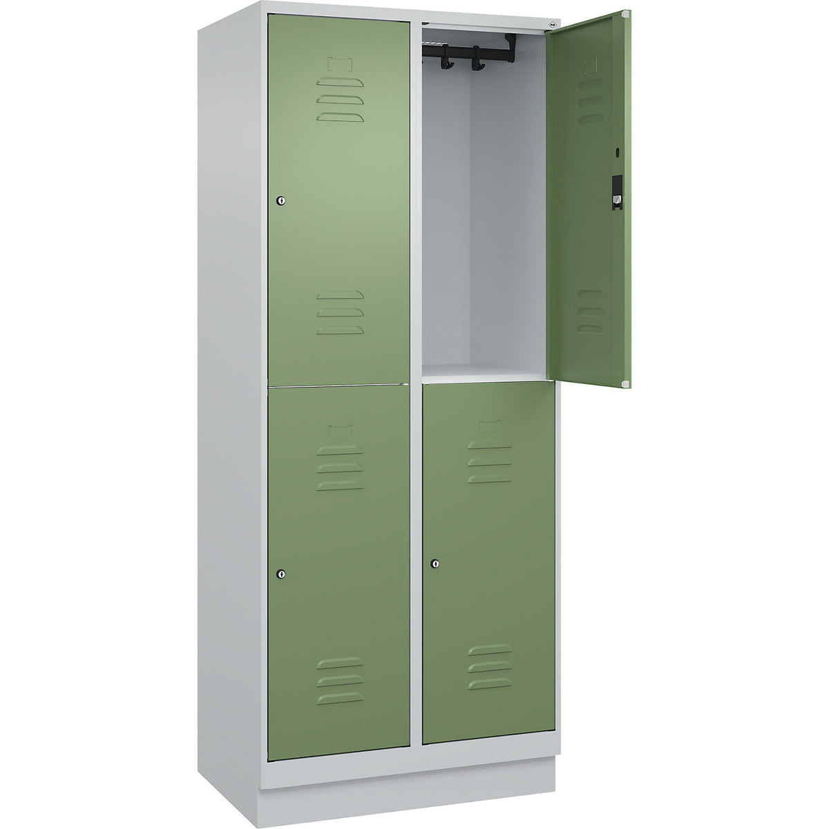 Classic PLUS double deck clothes locker, 2 compartments, light grey/reseda green, HxW 1950 x 800 mm, with base plinth, cylinder lock.