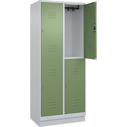 Classic PLUS double deck clothes locker, 2 compartments, light grey/reseda green, HxW 1950 x 800 mm, with base plinth, cylinder lock.