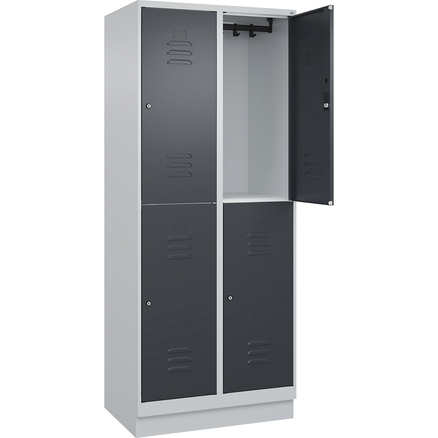 Classic PLUS double deck clothes locker, 2 compartments, light grey/grey, HxW 1950 x 800 mm, with base plinth, cylinder lock.