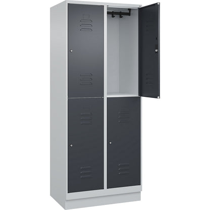 Classic PLUS double deck clothes locker, 2 compartments, light grey/grey, HxW 1950 x 800 mm, with base plinth, cylinder lock.