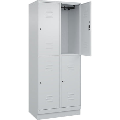Classic PLUS double deck clothes locker, 2 compartments, light grey, HxW 1950 x 800 mm, with base plinth, cylinder lock.