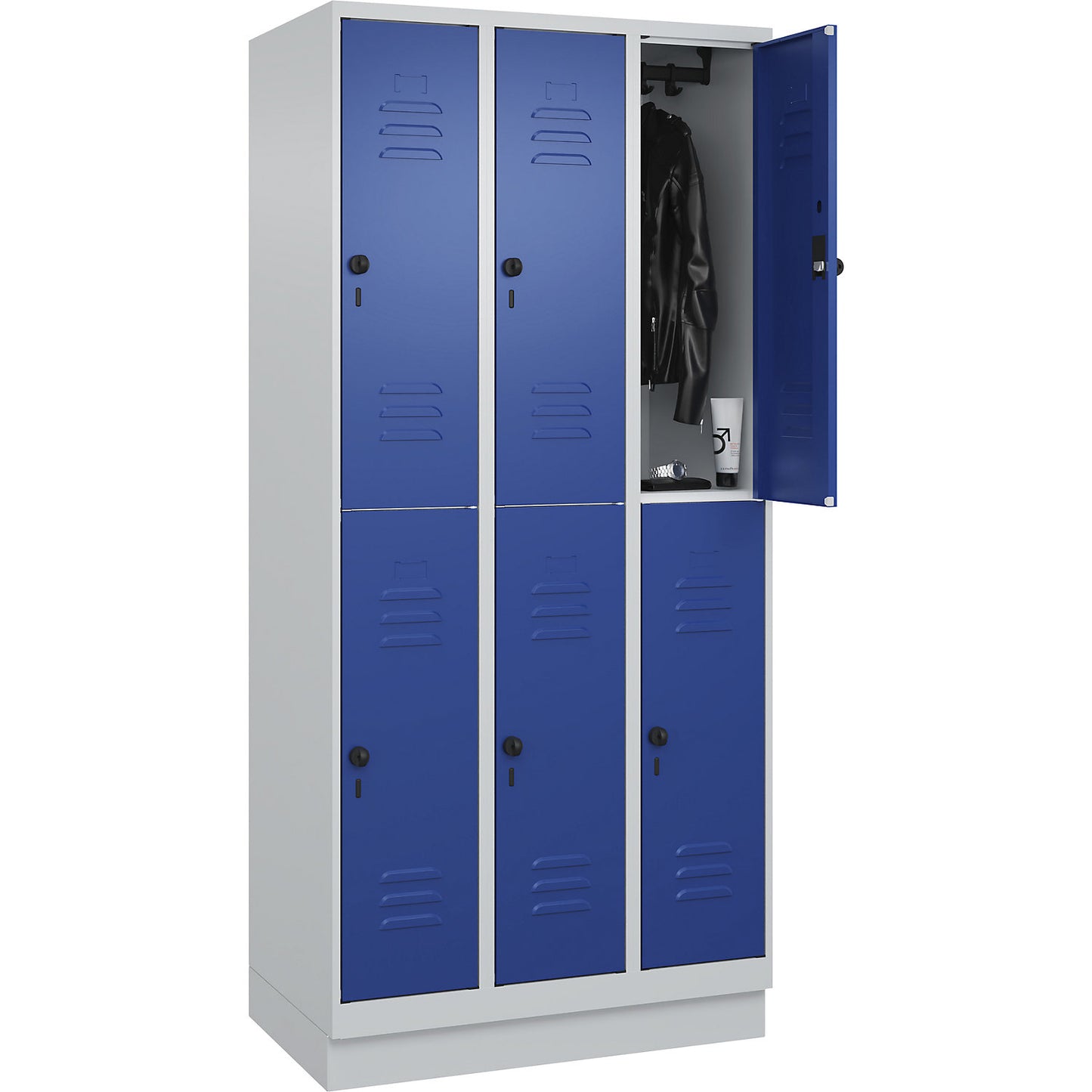 Classic PLUS double deck clothes locker, 3 compartments, light grey/gentian blue, HxW 1950 x 900 mm, with base plinth, rotary bolt.