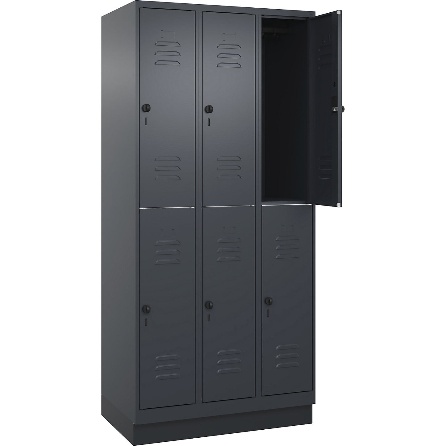 Classic PLUS double deck clothes locker, 3 compartments, grey, HxW 1950 x 900 mm, with base plinth, rotary bolt.