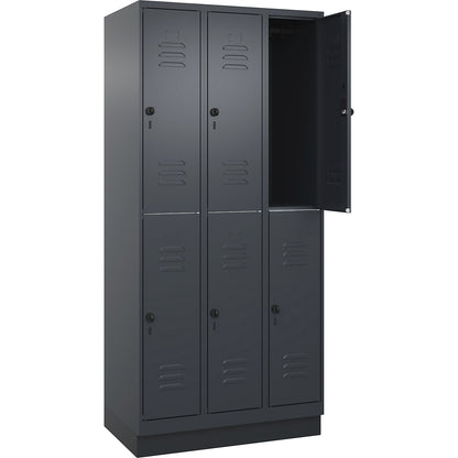 Classic PLUS double deck clothes locker, 3 compartments, grey, HxW 1950 x 900 mm, with base plinth, rotary bolt.