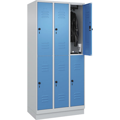 Classic PLUS double deck clothes locker, 3 compartments, light grey/light blue, HxW 1950 x 900 mm, with base plinth, rotary bolt.