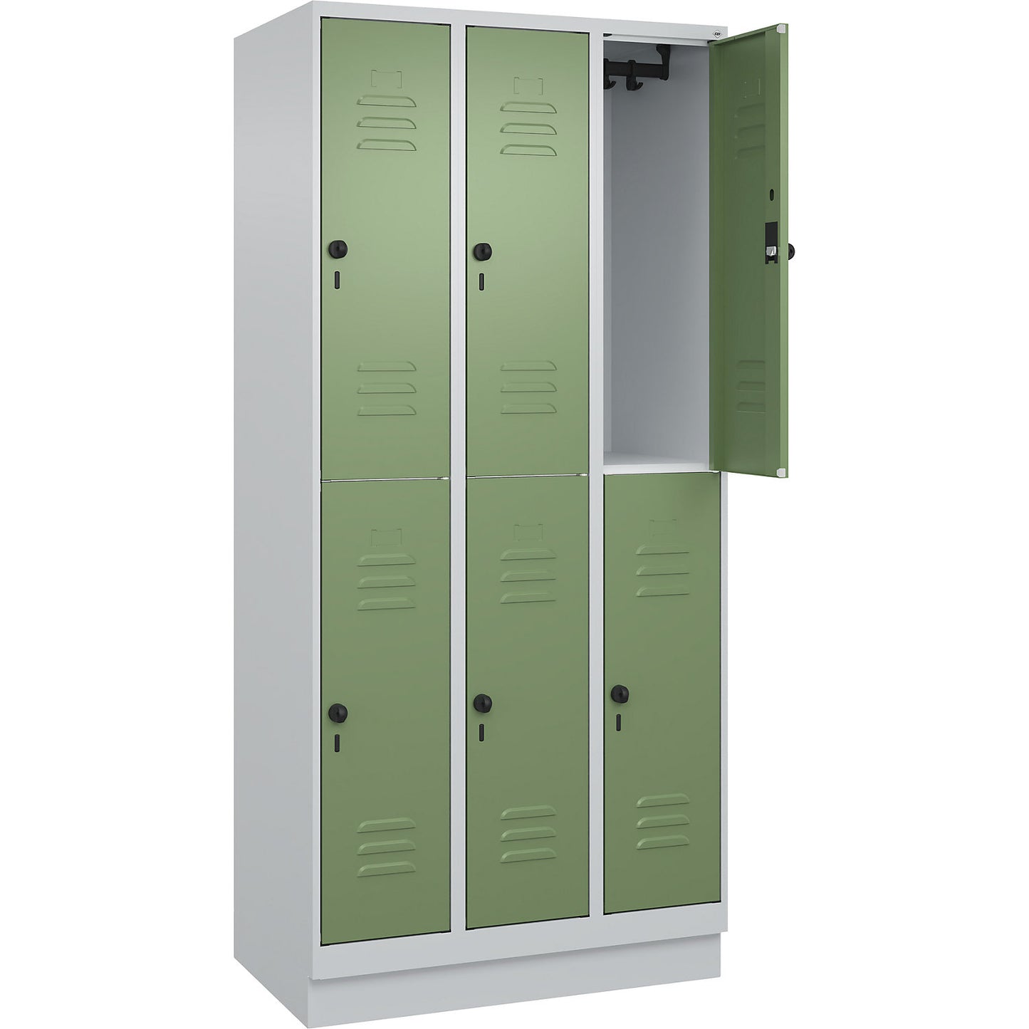 Classic PLUS double deck clothes locker, 3 compartments, light grey/reseda green, HxW 1950 x 900 mm, with base plinth, rotary bolt.
