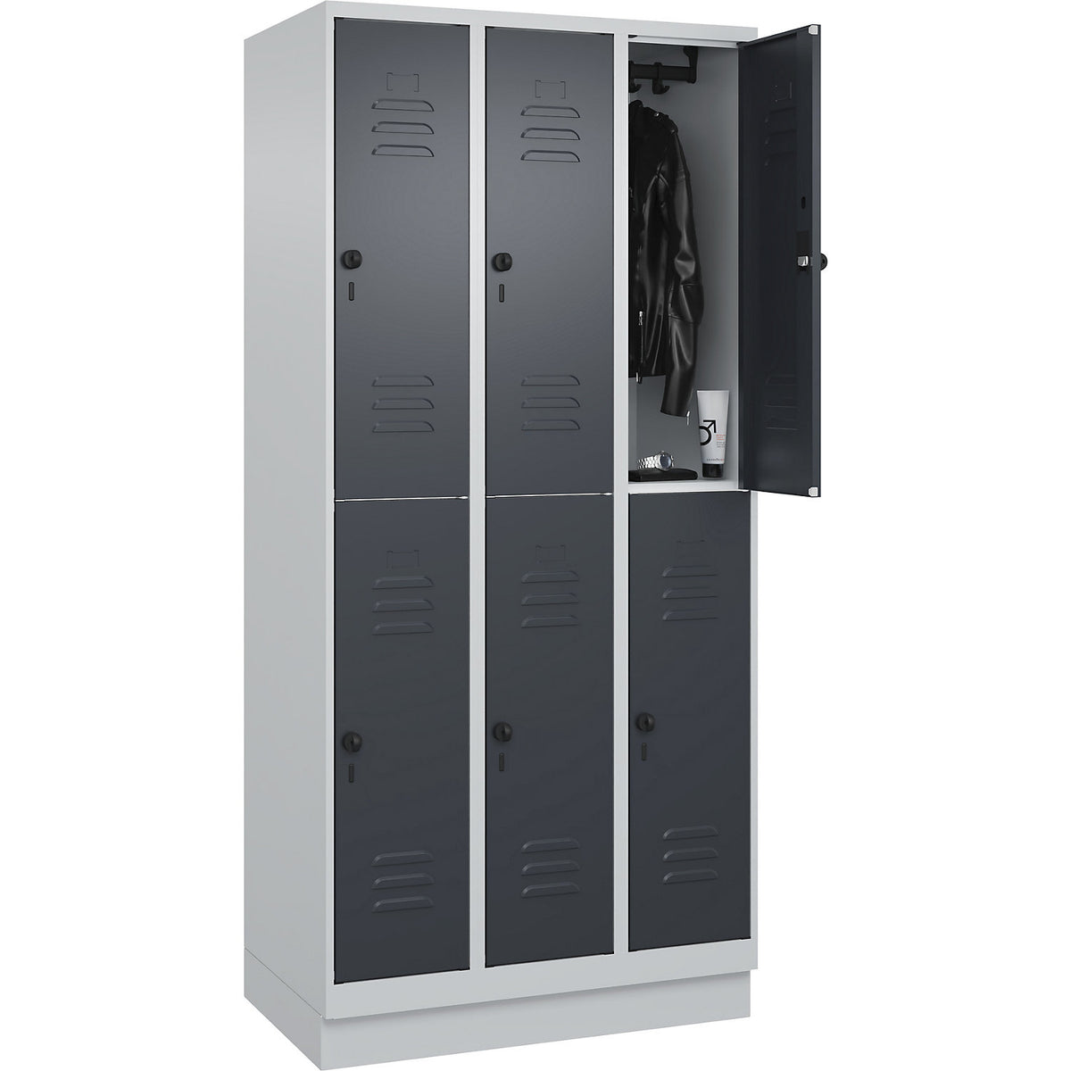 Classic PLUS double deck clothes locker, 3 compartments, light grey/grey, HxW 1950 x 900 mm, with base plinth, rotary bolt.