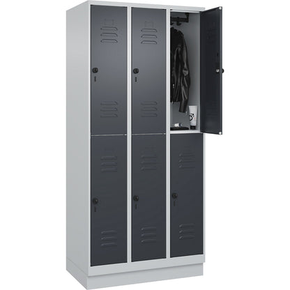 Classic PLUS double deck clothes locker, 3 compartments, light grey/grey, HxW 1950 x 900 mm, with base plinth, rotary bolt.