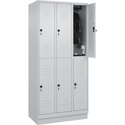 Classic PLUS double deck clothes locker, 3 compartments, light grey, HxW 1950 x 900 mm, with base plinth, rotary bolt.