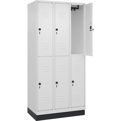 Classic PLUS double deck clothes locker, 3 compartments, traffic white, HxW 1950 x 900 mm, with base plinth, rotary bolt.
