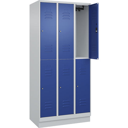 Classic PLUS double deck clothes locker, 3 compartments, light grey/gentian blue, HxW 1950 x 900 mm, with base plinth, cylinder lock.