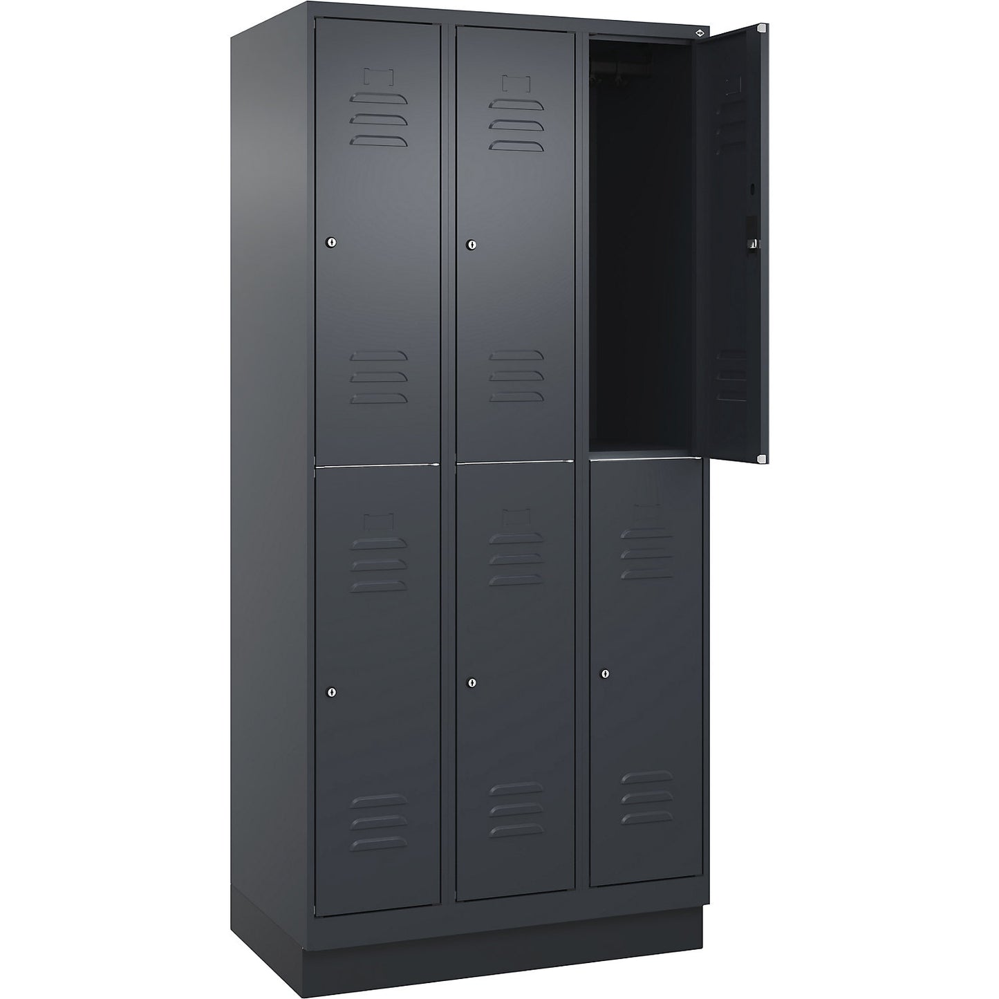 Classic PLUS double deck clothes locker, 3 compartments, grey, HxW 1950 x 900 mm, with base plinth, cylinder lock.