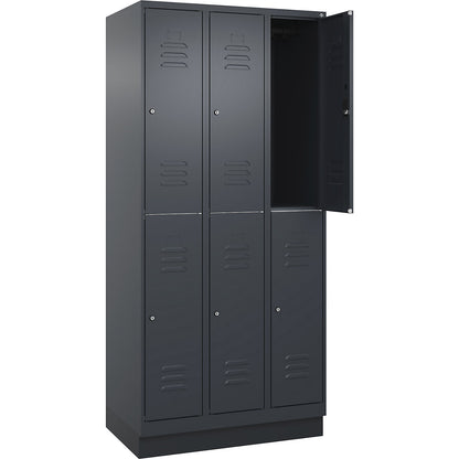 Classic PLUS double deck clothes locker, 3 compartments, grey, HxW 1950 x 900 mm, with base plinth, cylinder lock.