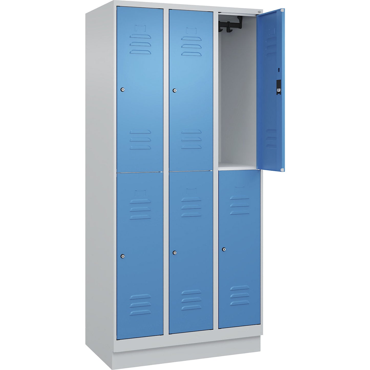 Classic PLUS double deck clothes locker, 3 compartments, light grey/light blue, HxW 1950 x 900 mm, with base plinth, cylinder lock.